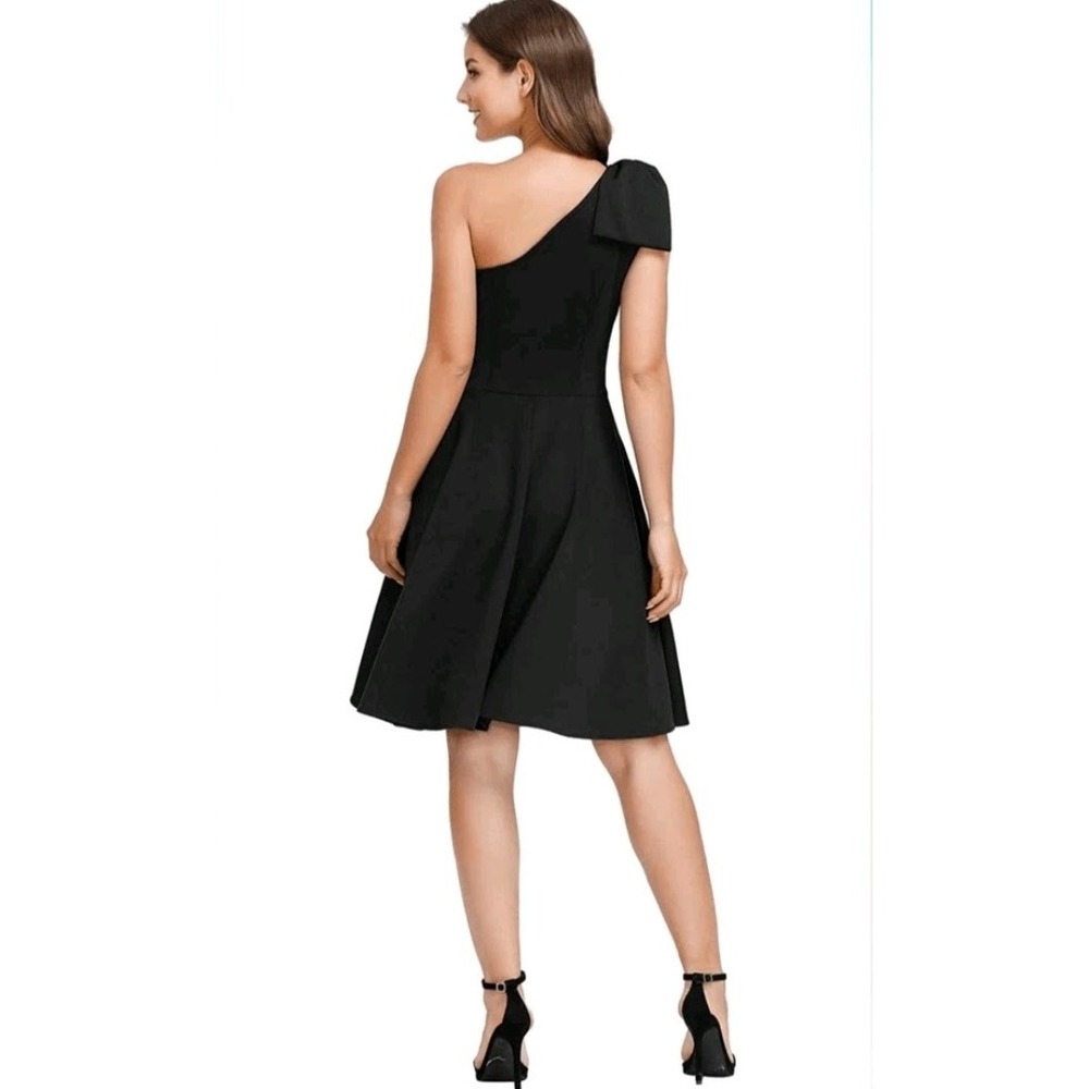 XL JASAMBAC Charming modern solid black dress sleeveless one shoulder fit flare - Picture 5 of 5